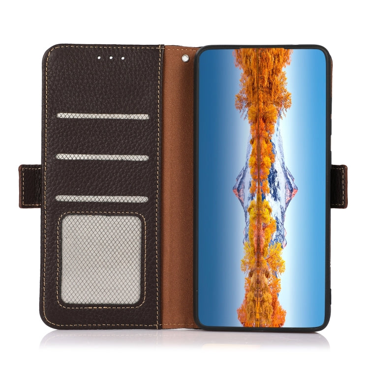 For Motorola Moto G42 KHAZNEH Side-Magnetic Litchi Genuine Leather RFID Phone Case(Brown) - Motorola Cases by PMC TechLife | Online Shopping South Africa | PMC TechLife | Buy Now Pay Later Mobicred