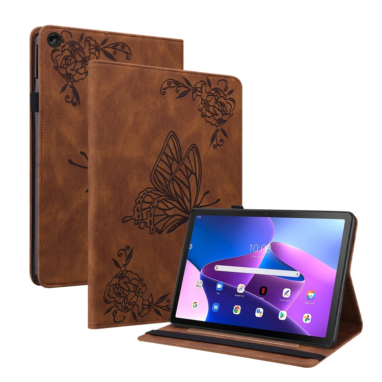 For Lenovo Tab M10 10.1 3rd Gen Butterfly Flower Embossed Leather Tablet Case(Brown) - Lenovo by PMC TechLife | Online Shopping South Africa | PMC TechLife | Buy Now Pay Later Mobicred