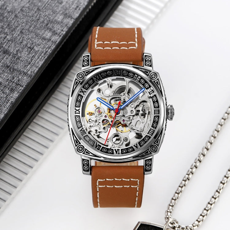 SKMEI 9271 Stainless Steel Buckle Leather Strap Waterproof Mechanical Watch(Black) - free shipping - PMC TechLife - Order now!