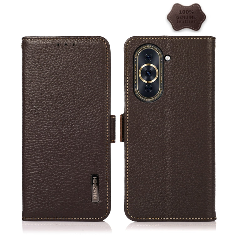 For Huawei Nova 10 KHAZNEH Side-Magnetic Litchi Genuine Leather RFID Phone Case(Brown) - Huawei Cases by PMC TechLife | Online Shopping South Africa | PMC TechLife | Buy Now Pay Later Mobicred