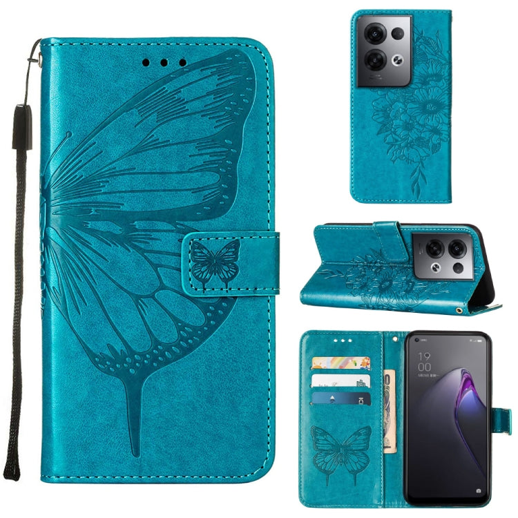 For OPPO Reno8 Pro+ Embossed Butterfly Flip Leather Phone Case(Blue) - OPPO Cases by PMC TechLife | Online Shopping South Africa | PMC TechLife