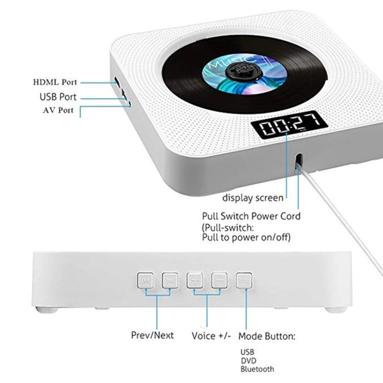 Kecag KC-608 Wall Mounted HD DVD Player Bluetooth CD Player(White) - free shipping - PMC Jewellery - Order now!