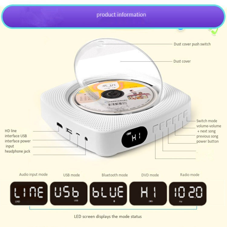 Kecag KC-609 Wall Mounted Home DVD Player Bluetooth CD Player, Specification:DVD/CD+Connectable TV  + Plug-In Version(White) - free shipping - PMC Jewellery - Order now!