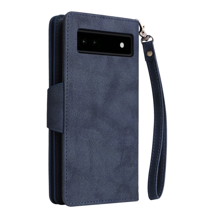 For Google Pixel 6a Rivet Buckle 9 Cards Three Fold Leather Phone Case(Blue) - Google Cases by PMC TechLife | Online Shopping South Africa | PMC TechLife | Buy Now Pay Later Mobicred