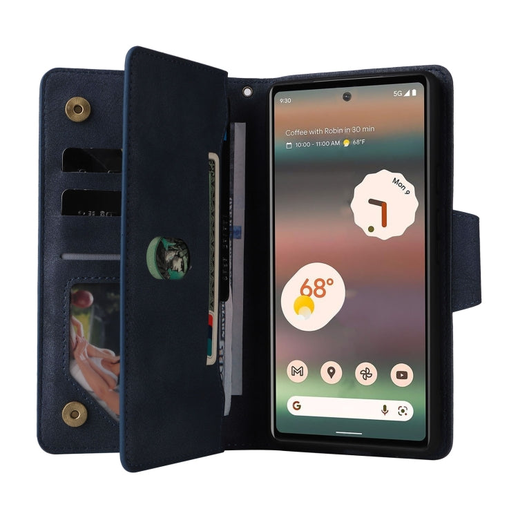 For Google Pixel 6a Rivet Buckle 9 Cards Three Fold Leather Phone Case(Blue) - Google Cases by PMC TechLife | Online Shopping South Africa | PMC TechLife | Buy Now Pay Later Mobicred