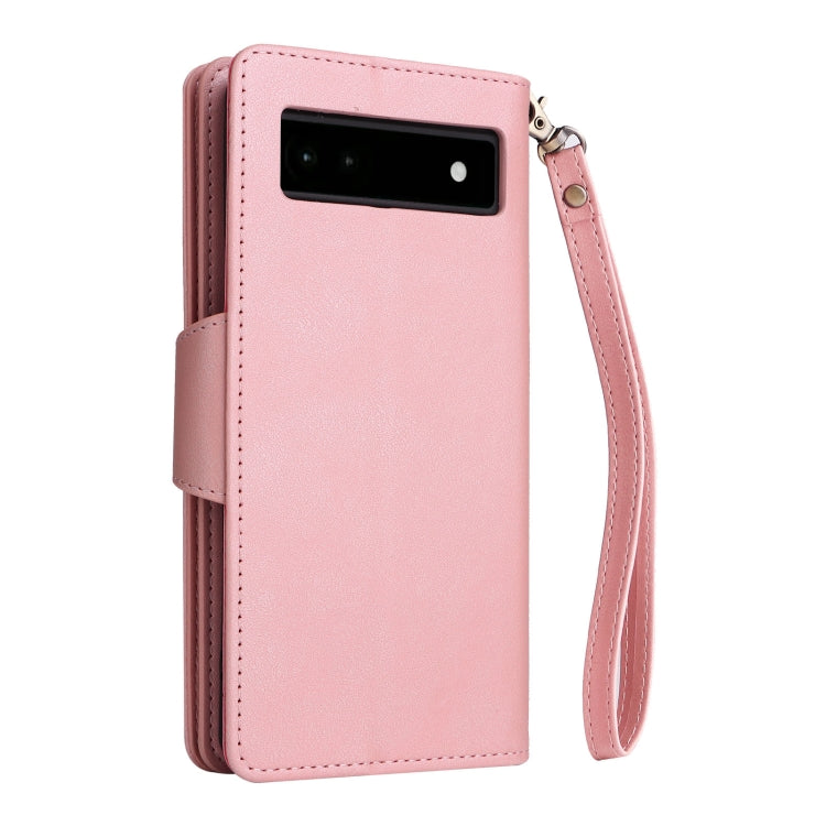 For Google Pixel 6a Rivet Buckle 9 Cards Three Fold Leather Phone Case(Rose Gold) - Google Cases by PMC TechLife | Online Shopping South Africa | PMC TechLife | Buy Now Pay Later Mobicred
