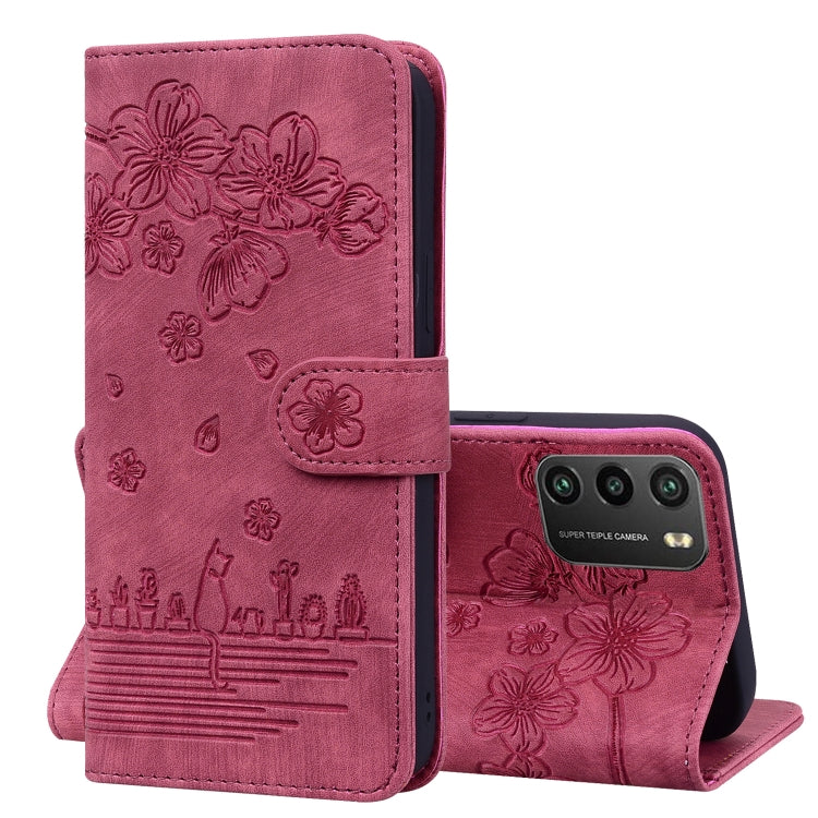 For Xiaomi Poco M3 / Redmi 9T Global Cartoon Sakura Cat Embossed Leather Phone Case(Wine Red) - Xiaomi Cases by PMC TechLife | Online Shopping South Africa | PMC TechLife