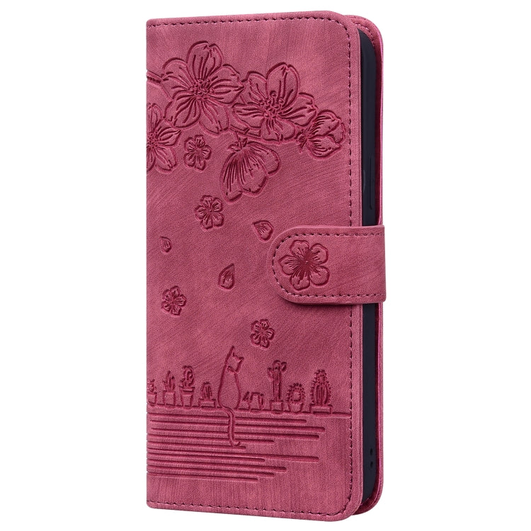 For Xiaomi Poco M3 / Redmi 9T Global Cartoon Sakura Cat Embossed Leather Phone Case(Wine Red) - Xiaomi Cases by PMC TechLife | Online Shopping South Africa | PMC TechLife