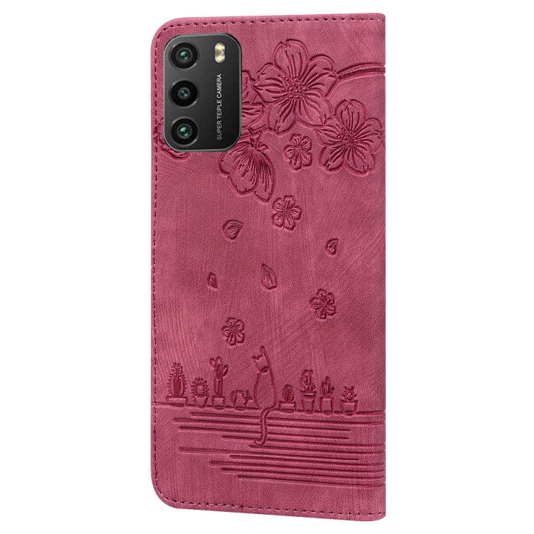 For Xiaomi Poco M3 / Redmi 9T Global Cartoon Sakura Cat Embossed Leather Phone Case(Wine Red) - Xiaomi Cases by PMC TechLife | Online Shopping South Africa | PMC TechLife