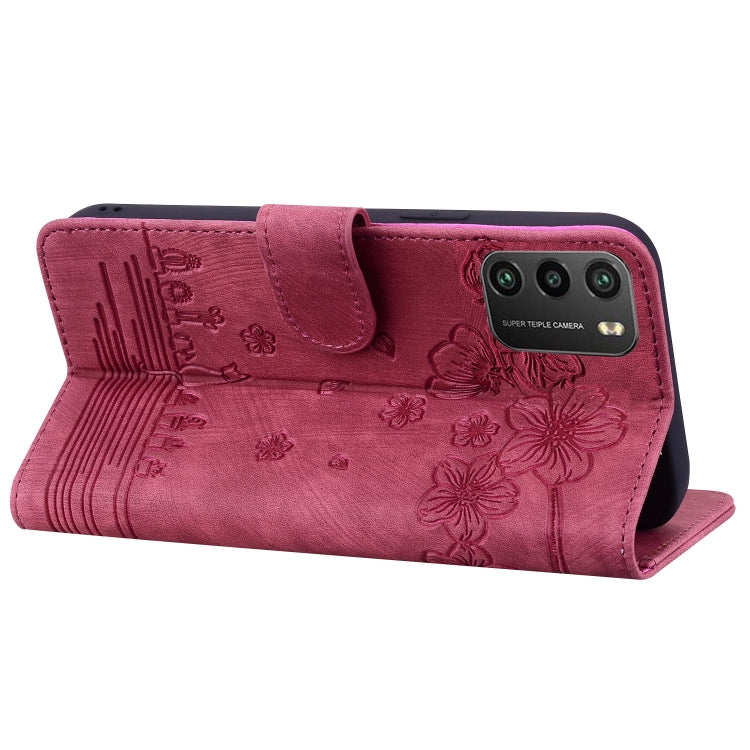 For Xiaomi Poco M3 / Redmi 9T Global Cartoon Sakura Cat Embossed Leather Phone Case(Wine Red) - Xiaomi Cases by PMC TechLife | Online Shopping South Africa | PMC TechLife