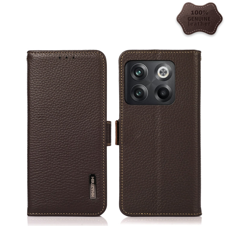 For OnePlus 10T/Ace Pro KHAZNEH Side-Magnetic Litchi Genuine Leather RFID Phone Case(Brown) - free shipping - PMC TechLife - Order now!