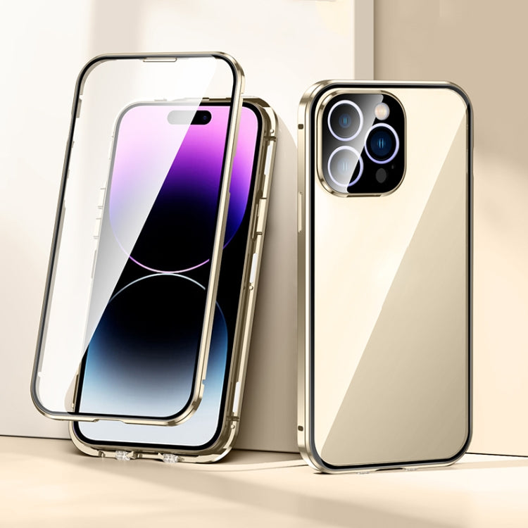 For iPhone 14 Pro Max Magnetic Double-buckle HD Tempered Glass Phone Case (Gold) - iPhone 14 Pro Max Cases by PMC TechLife | Online Shopping South Africa | PMC TechLife