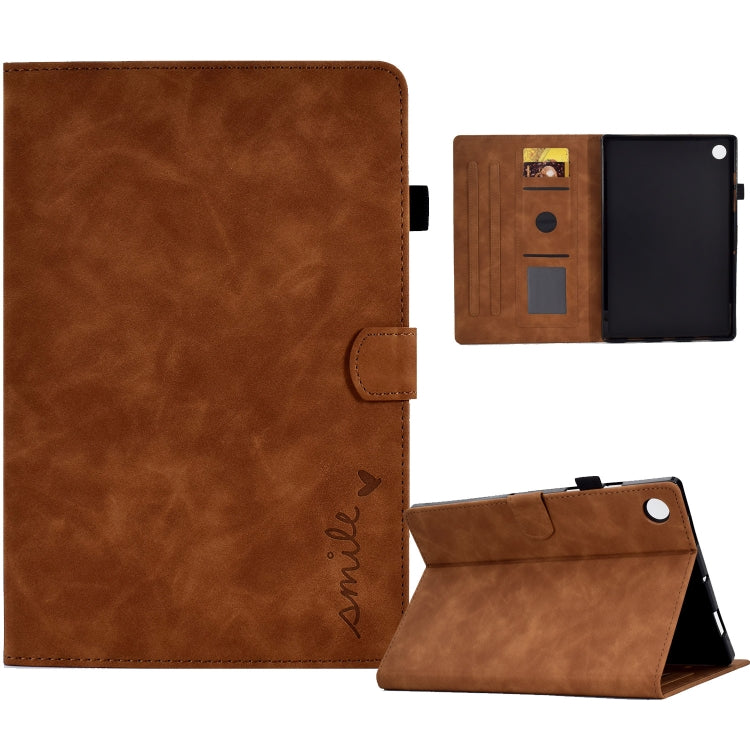 For Lenovo M10 Plus Embossed Smile Flip Tablet Leather Case(Brown) - Lenovo by PMC TechLife | Online Shopping South Africa | PMC TechLife | Buy Now Pay Later Mobicred