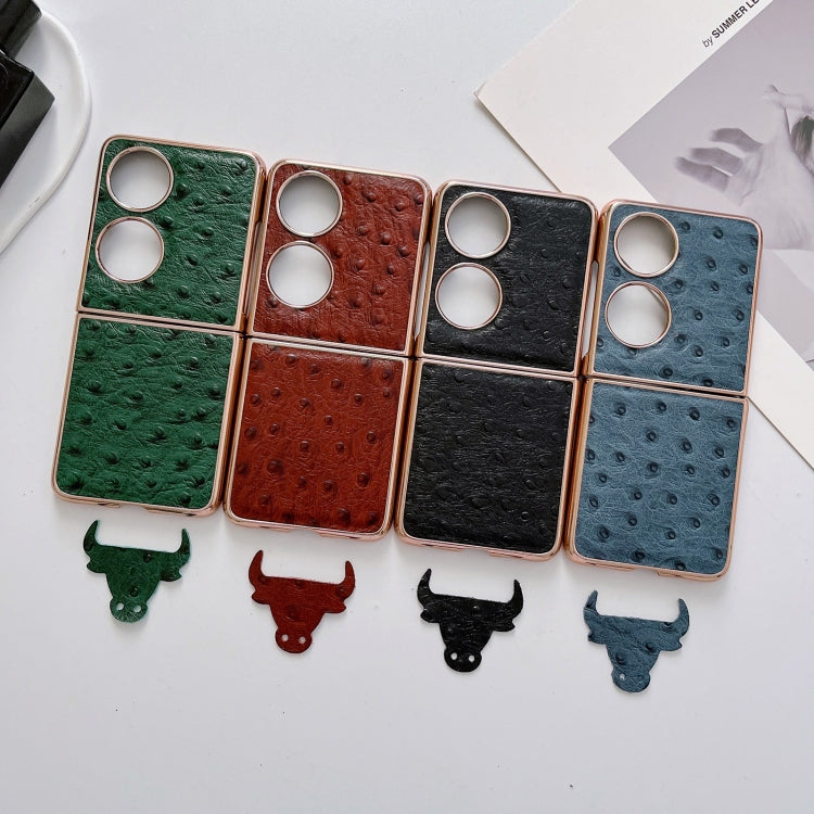 For Huawei P50 Pocket Genuine Leather Ostrich Texture Nano Plating Phone Case(Black) - Huawei Cases by PMC TechLife | Online Shopping South Africa | PMC TechLife | Buy Now Pay Later Mobicred