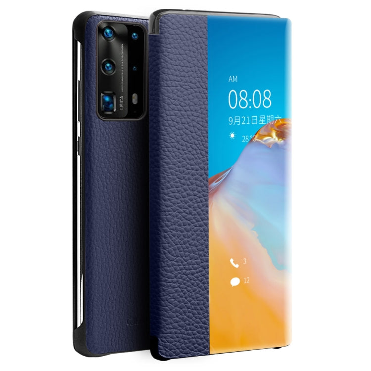 For Huawei P40 QIALINO Litchi Texture Side Window View Leather Phone Case(Blue) - Huawei Cases by QIALINO | Online Shopping South Africa | PMC TechLife | Buy Now Pay Later Mobicred