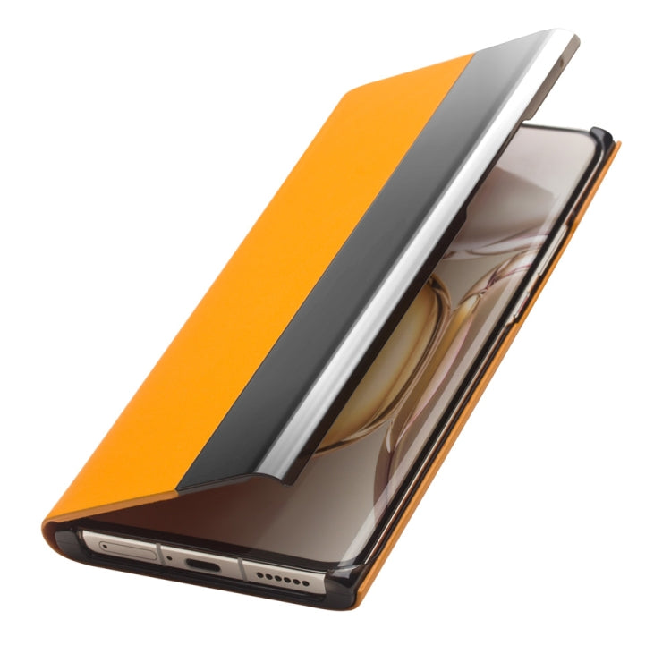 For Huawei P50 QIALINO Magnetic Side Window View Genuine Leather Smart Phone Case(Orange) - free shipping - PMC TechLife - Order now!