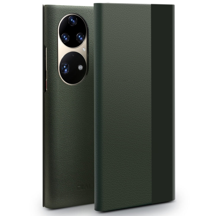 For Huawei P50 QIALINO Magnetic Side Window View Genuine Leather Smart Phone Case(Green) - Huawei Cases by QIALINO | Online Shopping South Africa | PMC TechLife | Buy Now Pay Later Mobicred