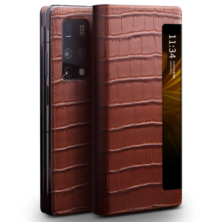 For Huawei Mate X2 QIALINO Crocodile Pattern Side Window View Genuine Leather Phone Case(Brown) - free shipping - PMC TechLife - Order now!
