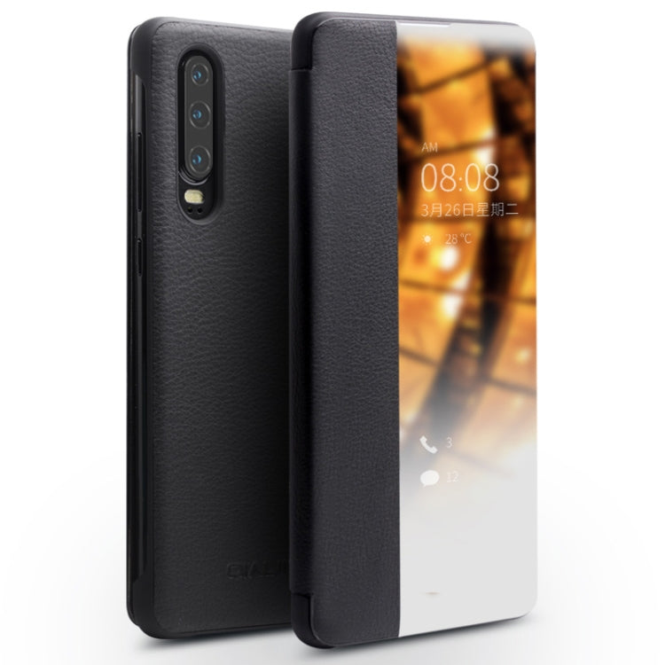 For Huawei P30 QIALINO Genuine Leather Side Window View Smart Phone Case(Black) - Huawei Cases by QIALINO | Online Shopping South Africa | PMC TechLife | Buy Now Pay Later Mobicred