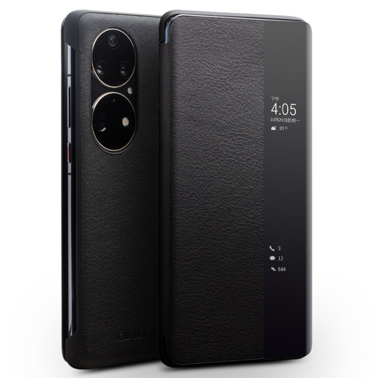 For Huawei P50 QIALINO Genuine Leather Side Window View Smart Phone Case(Black) - Huawei Cases by QIALINO | Online Shopping South Africa | PMC TechLife | Buy Now Pay Later Mobicred