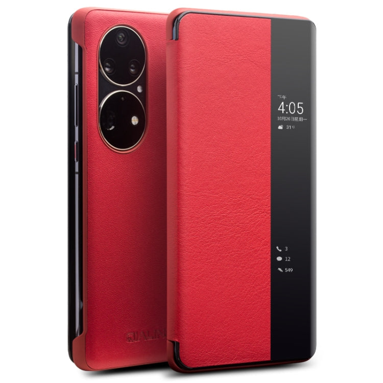 For Huawei P50 QIALINO Genuine Leather Side Window View Smart Phone Case(Red) - Huawei Cases by QIALINO | Online Shopping South Africa | PMC TechLife | Buy Now Pay Later Mobicred