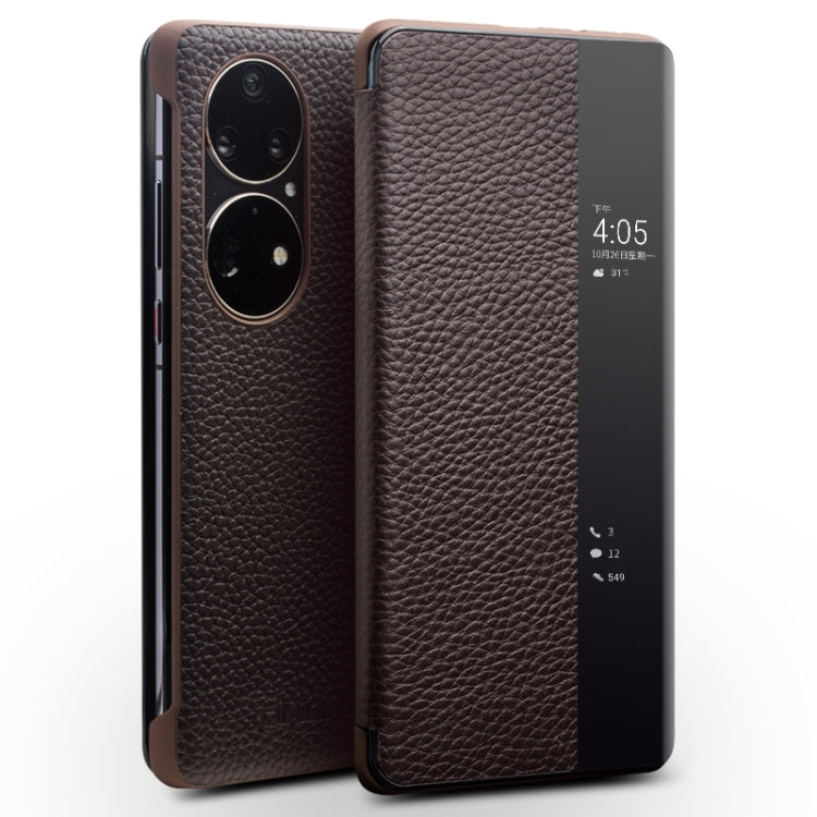 For Huawei P50 QIALINO Genuine Leather Side Window View Smart Phone Case(Brown) - Huawei Cases by QIALINO | Online Shopping South Africa | PMC TechLife | Buy Now Pay Later Mobicred