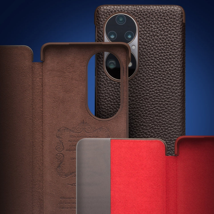 For Huawei P50 QIALINO Genuine Leather Side Window View Smart Phone Case(Brown) - Huawei Cases by QIALINO | Online Shopping South Africa | PMC TechLife | Buy Now Pay Later Mobicred