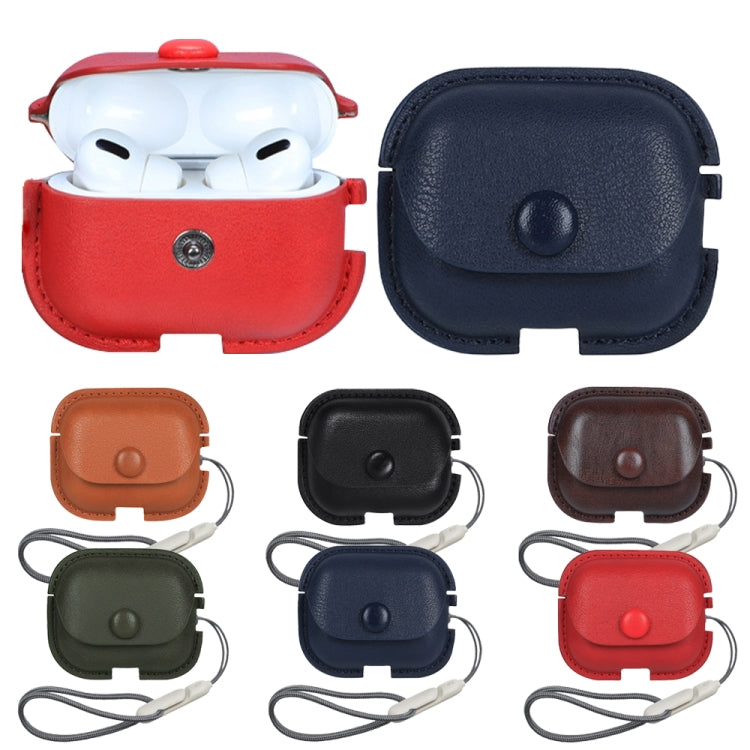 For AirPods Pro 2 Litchi Texture PU Leather Earphone Protective Case with Lanyard(Dark Brown) - For AirPods Pro 2 by PMC Jewellery | Online Shopping South Africa | PMC Jewellery | Buy Now Pay Later Mobicred