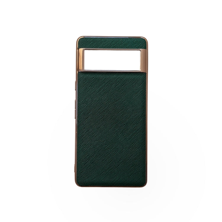 For Google Pixel 6 Pro Nano Electroplating Cross Texture Genuine Leather Phone Case(Green) - Google Cases by PMC TechLife | Online Shopping South Africa | PMC TechLife | Buy Now Pay Later Mobicred