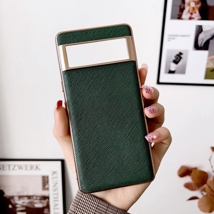 For Google Pixel 6 Nano Electroplating Cross Texture Genuine Leather Phone Case(Green) - Google Cases by PMC TechLife | Online Shopping South Africa | PMC TechLife | Buy Now Pay Later Mobicred