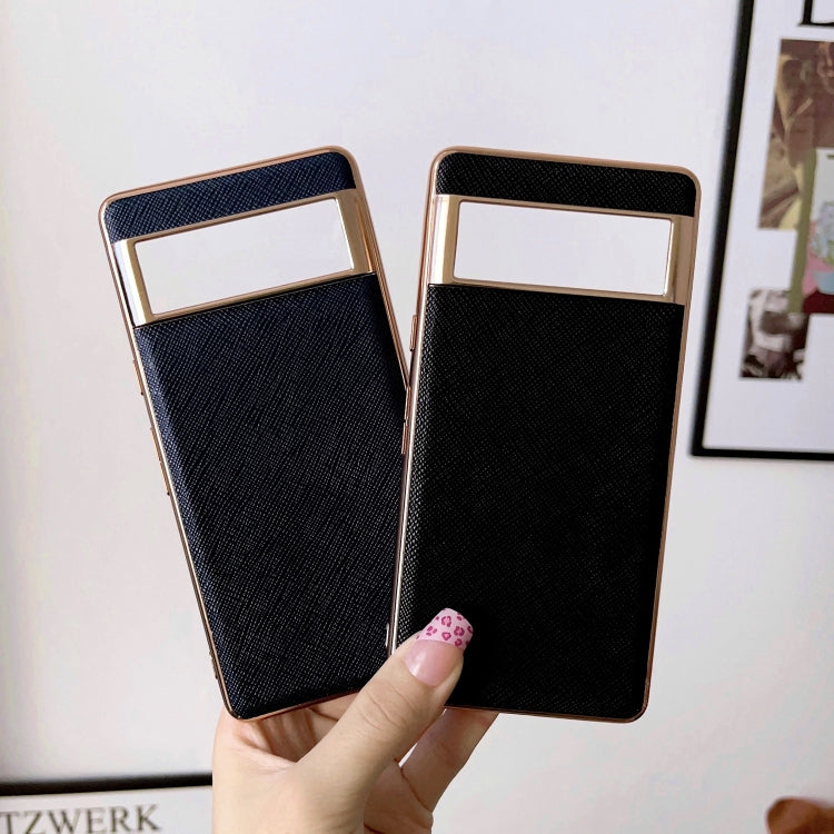 For Google Pixel 6 Nano Electroplating Cross Texture Genuine Leather Phone Case(Black) - Google Cases by PMC TechLife | Online Shopping South Africa | PMC TechLife | Buy Now Pay Later Mobicred