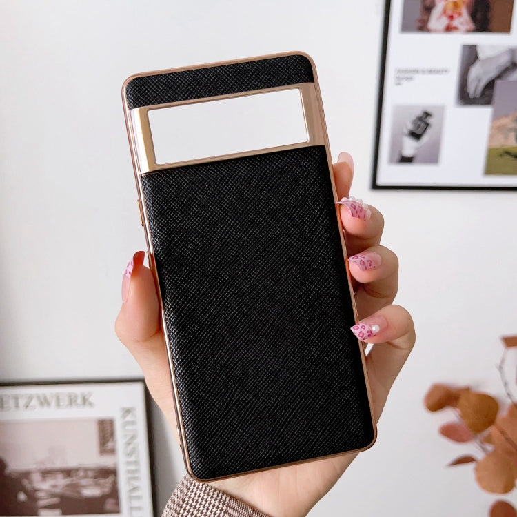 For Google Pixel 7 5G Nano Electroplating Cross Texture Genuine Leather Phone Case(Black) - Google Cases by PMC TechLife | Online Shopping South Africa | PMC TechLife | Buy Now Pay Later Mobicred