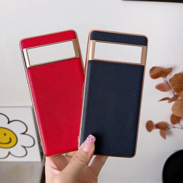 For Google Pixel 7 5G Nano Electroplating Cross Texture Genuine Leather Phone Case(Black) - Google Cases by PMC TechLife | Online Shopping South Africa | PMC TechLife | Buy Now Pay Later Mobicred