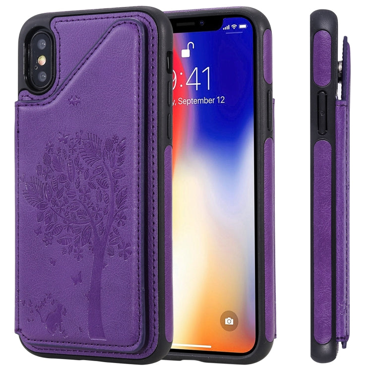 For iPhone XS / X Cat Tree Embossing Pattern Shockproof Protective Case with Card Slots & Photo Frame & Holder(Purple) - More iPhone Cases by PMC TechLife | Online Shopping South Africa | PMC TechLife
