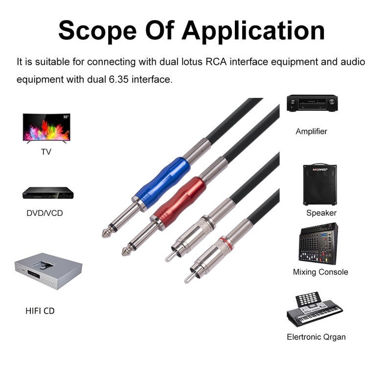 3051K63 Dual RCA Male to Dual 6.35mm 1/4 inch Male Mixer Audio Cable, Length:3m - Microphone Audio Cable & Connector by PMC Jewellery | Online Shopping South Africa | PMC Jewellery | Buy Now Pay Later Mobicred