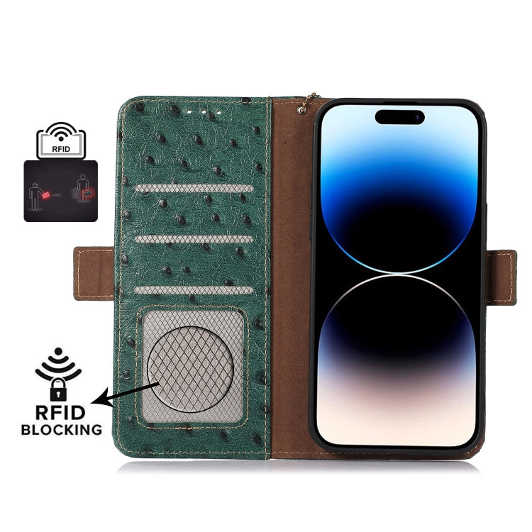 For Motorola Moto G72 4G Ostrich Pattern Genuine Leather RFID Phone Case(Green) - Motorola Cases by PMC TechLife | Online Shopping South Africa | PMC TechLife | Buy Now Pay Later Mobicred