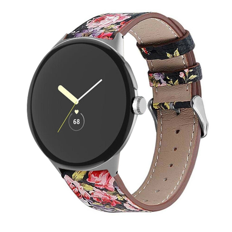 For Google Pixel Watch 1 / 2 / 3 41mm Round Tail Genuine Leather Watch Band(Black Pink Flower) - free shipping - PMC TechLife - Order now!