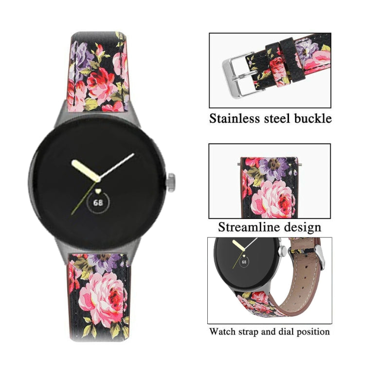 For Google Pixel Watch 1 / 2 / 3 41mm Round Tail Genuine Leather Watch Band(Black Pink Flower) - free shipping - PMC TechLife - Order now!