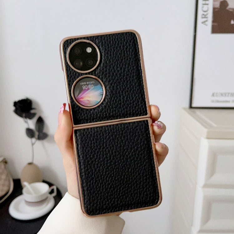 For Huawei P50 Pocket Nano Electroplating Litchi Texture Genuine Leather Phone Case(Black) - Huawei Cases by PMC TechLife | Online Shopping South Africa | PMC TechLife | Buy Now Pay Later Mobicred