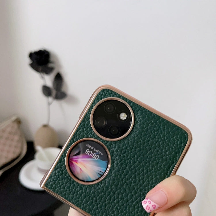 For Huawei P50 Pocket Nano Electroplating Litchi Texture Genuine Leather Phone Case(Blue) - Huawei Cases by PMC TechLife | Online Shopping South Africa | PMC TechLife | Buy Now Pay Later Mobicred