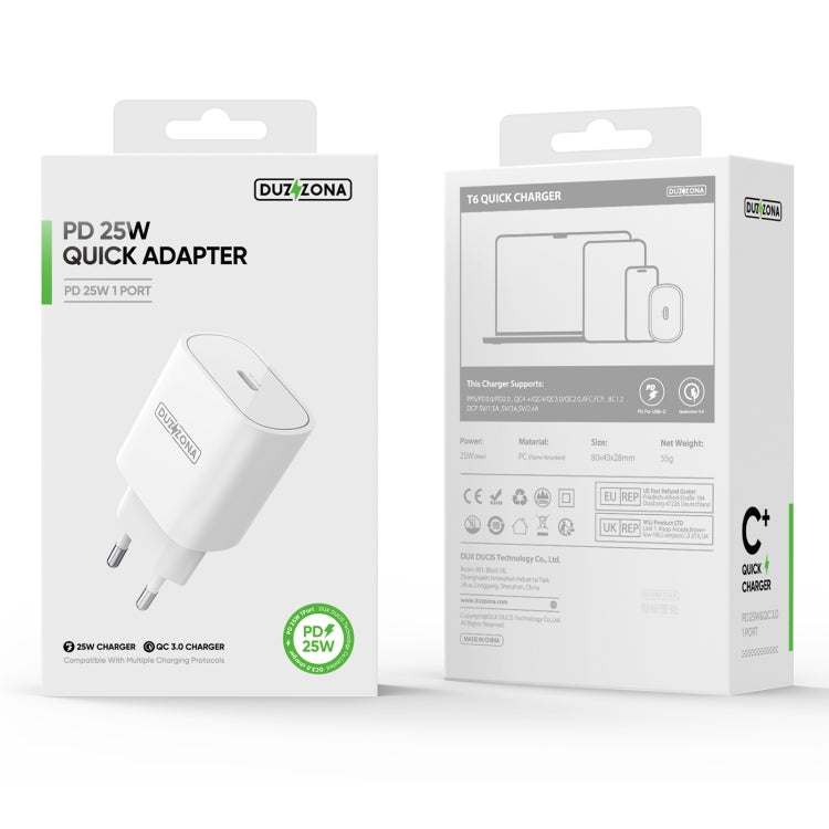 DUZZONA T6 PD 25W USB-C/Type-C Single Port Travel Charger,EU Plug(White) - USB Charger by DUZZONA | Online Shopping South Africa | PMC TechLife | Buy Now Pay Later Mobicred