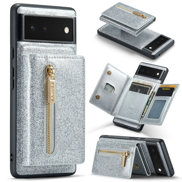 For Google Pixel 6 DG.MING M3 Series Glitter Powder Card Bag Leather Case(Silver) - Google Cases by DG.MING | Online Shopping South Africa | PMC TechLife | Buy Now Pay Later Mobicred