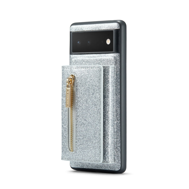 For Google Pixel 6 DG.MING M3 Series Glitter Powder Card Bag Leather Case(Silver) - Google Cases by DG.MING | Online Shopping South Africa | PMC TechLife | Buy Now Pay Later Mobicred