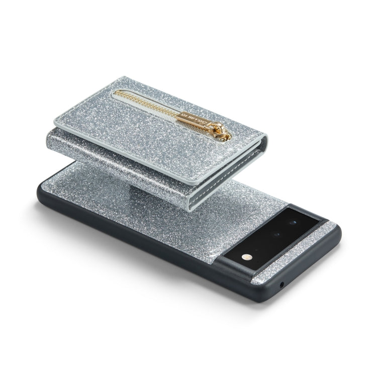 For Google Pixel 6a DG.MING M3 Series Glitter Powder Card Bag Leather Case(Silver) - Google Cases by DG.MING | Online Shopping South Africa | PMC TechLife | Buy Now Pay Later Mobicred