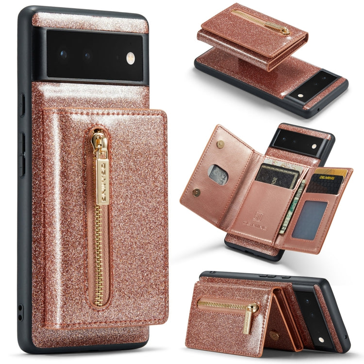 For Google Pixel 6a DG.MING M3 Series Glitter Powder Card Bag Leather Case(Rose Gold) - Google Cases by DG.MING | Online Shopping South Africa | PMC TechLife | Buy Now Pay Later Mobicred