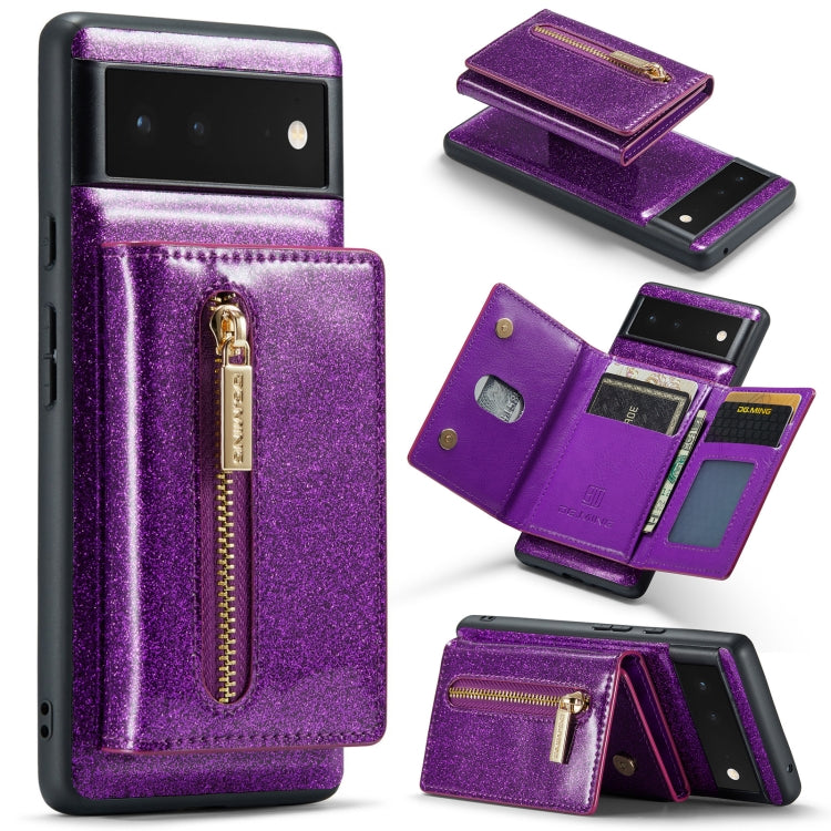 For Google Pixel 6a DG.MING M3 Series Glitter Powder Card Bag Leather Case(Dark Purple) - Google Cases by DG.MING | Online Shopping South Africa | PMC TechLife | Buy Now Pay Later Mobicred