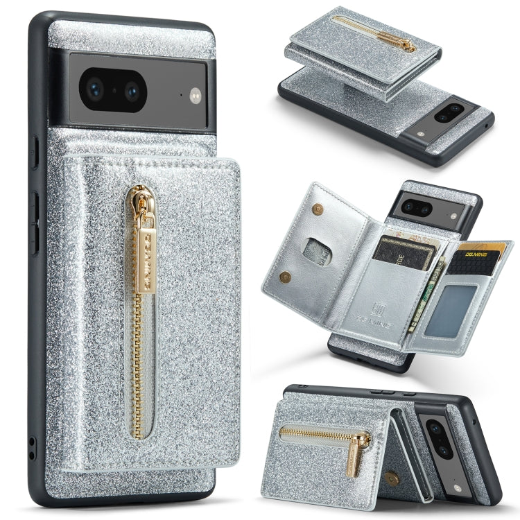 For Google Pixel 7 DG.MING M3 Series Glitter Powder Card Bag Leather Case(Silver) - Google Cases by DG.MING | Online Shopping South Africa | PMC TechLife | Buy Now Pay Later Mobicred