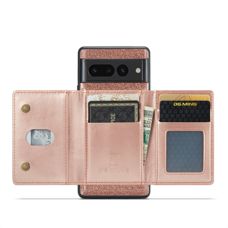 For Google Pixel 7 Pro DG.MING M3 Series Glitter Powder Card Bag Leather Case(Rose Gold) - Google Cases by DG.MING | Online Shopping South Africa | PMC TechLife | Buy Now Pay Later Mobicred