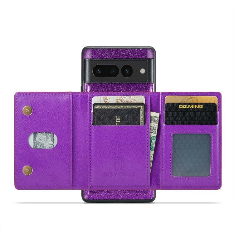 For Google Pixel 7 Pro DG.MING M3 Series Glitter Powder Card Bag Leather Case(Dark Purple) - Google Cases by DG.MING | Online Shopping South Africa | PMC TechLife | Buy Now Pay Later Mobicred