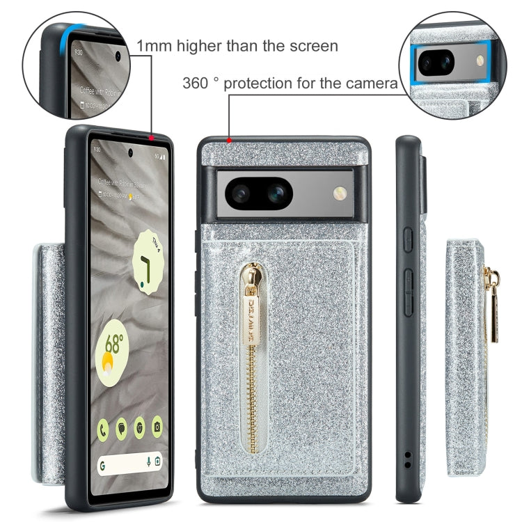 For Google Pixel 7A DG.MING M3 Series Glitter Powder Card Bag Leather Case(Silver) - free shipping - PMC TechLife - Order now!